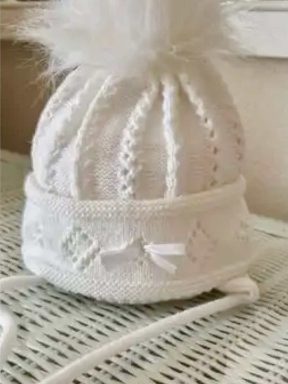 White Knit Baby Pom-Pom Hat with Bow Tie - Kids Accessories